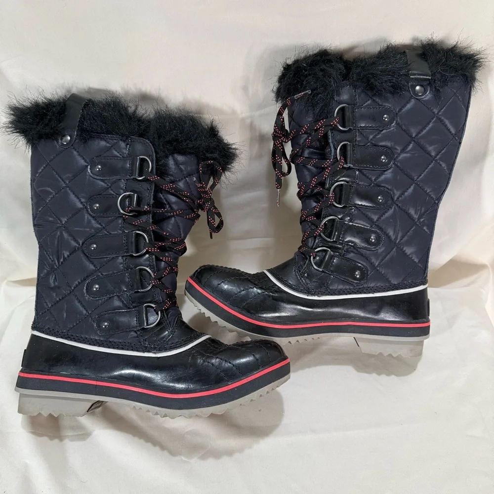 Sorel Tofino Cate Boots Sz 7 Black Faux Fur Waterproof Winter Après Ski Gorpcore